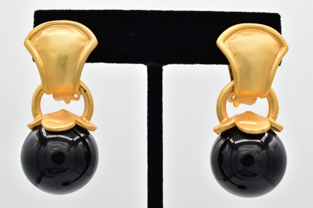 Vintage Clip On Earrings Black Ball Drop Brushed Gold Matte Chunky NOS 1980s 9H